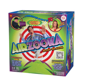 Airzooka packaging.  Bright light green box with various people playing with and reacting to the airzooka.