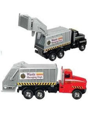 Load image into Gallery viewer, Image of two garbage trucks; one with a black cab with it&#39;s trunk lifted and another with a red cab and it&#39;s trunk in down.

